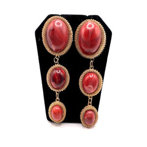 Vintage 1950s KOREA Gold MESH & Red Cabochons Long Dangle Earrings STATEMENT